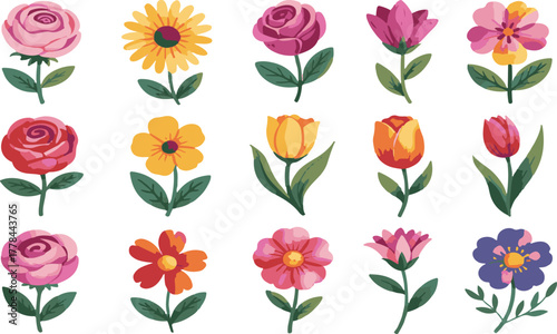 Colorful vector flower collection featuring various blossom types like roses tulips and sunflowers for nature designs
