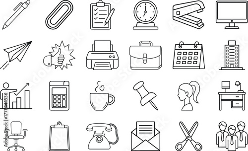 Office and stationery outline icons set linear style pictogram on transparent background