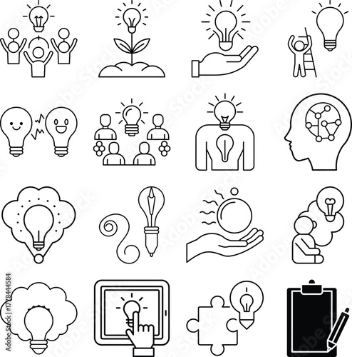 Creative idea generation line icons set linear style pictogram on transparent background