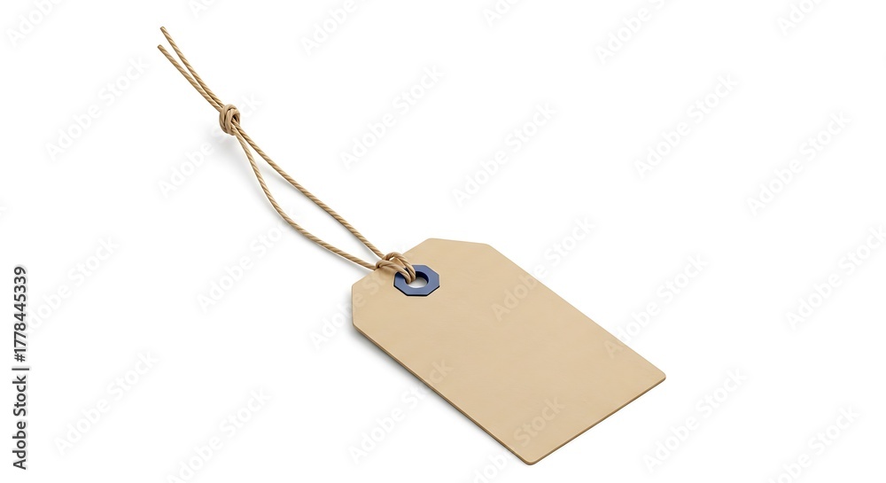 Fototapeta premium Isolated Beige Tag with Blue Eyelet and String on White Background