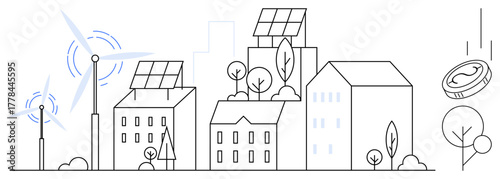 Urban skyline features solar-powered buildings, wind turbines, trees, and eco-friendly elements. Ideal for sustainability, renewable energy, clean living, green future, modern city design