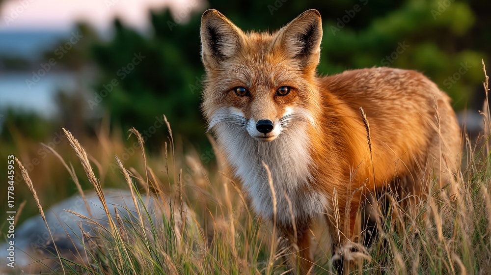 Fototapeta premium Red Fox Standing in Tall Grass Watching Wildlife Nature Scene