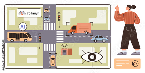 Smart city intersection with connected vehicles, traffic lights, AI technology, and sensors monitoring speeds. Ideal for urban planning, safety, AI, automation, mobility innovation efficiency
