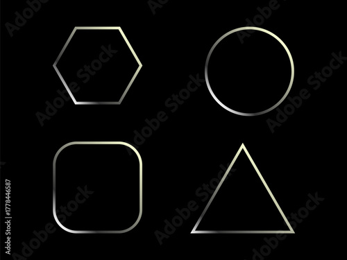 A set of four geometric shapes, including a hexagon, circle, rounded square, and triangle, all outlined in a shiny, metallic silver color against a black background