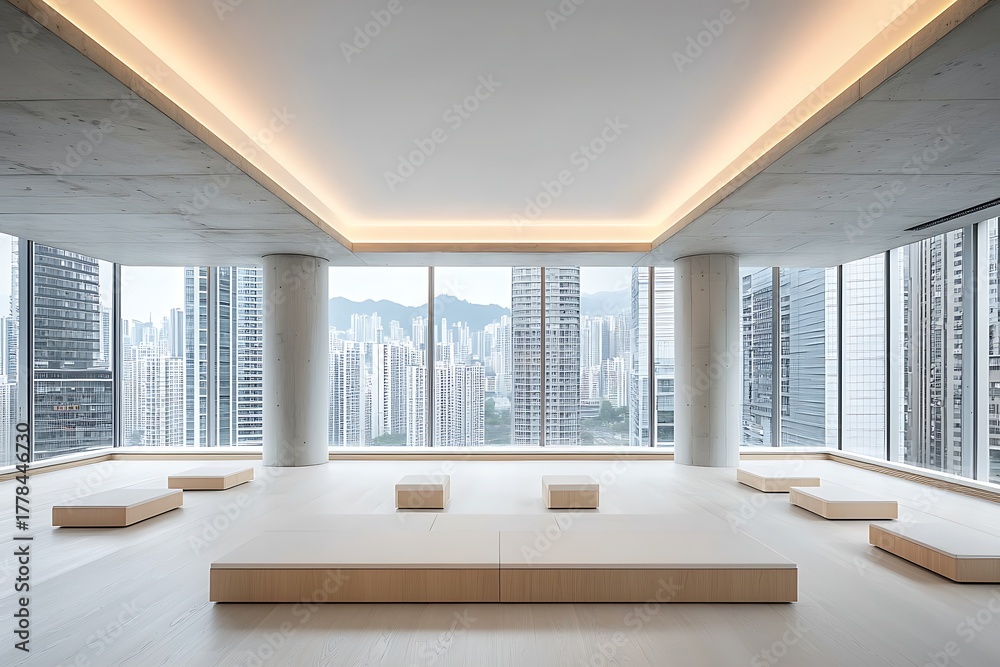 Fototapeta premium Modern Minimalist Interior Design with Large Windows Overlooking Urban Skyline