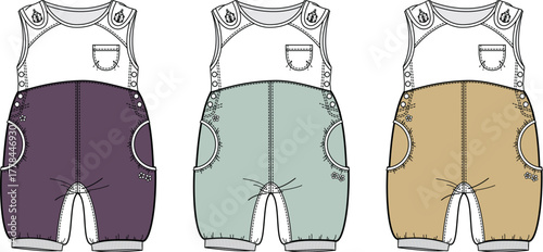 Baby clothing design concept featuring a technical flat sketch of toddler overalls. Vector illustration set with different color options