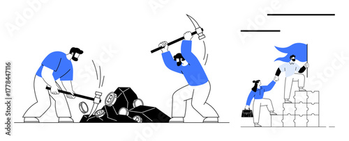 Workers breaking down rocks with tools, assisting each other to climb blocks, abstract teamwork, leadership, collaboration, goal achievement. Ideal for strategy, motivation, growth metaphor