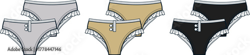 Collection of cute and comfortable women's briefs with lace trim. Technical fashion flat sketch for apparel design in various colors
