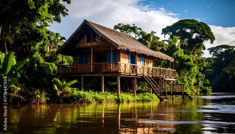Obraz premium Wooden hut on stilts by a river in a lush rainforest