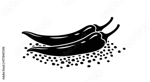 Black illustration of two chili peppers and scattered black peppercorns