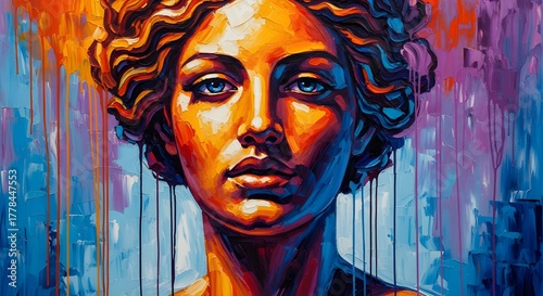 Noir Impasto Mythological Goddess Portrait in Fiery Orange Blue and Violet, Abstract Spiritual Oil Painting with Expressive Brushstrokes