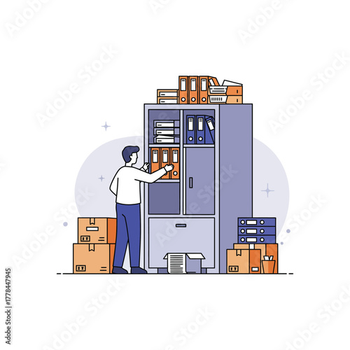 Man Organizing Storage Cabinet with Boxes and Files