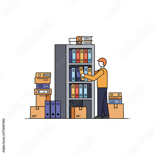 Man Organizing Office Storage with Books and Files on a Shelf