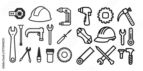 Construction & Tools Icons Pack | Hammer, Wrench, Screwdriver, Gear, and Building Equipment Vector Set | Minimal Line and Solid Style