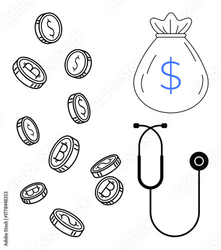Cryptocurrency coins and a sack of money with a stethoscope illustrate the interplay of finance, digital currency, and healthcare. Ideal for fintech, medical expenses, financial planning