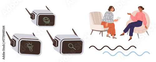 Headsets with icons for AI, idea, and search paired with two women sitting and discussing on armchairs. Ideal for technology, AI, learning, innovation, teamwork discussion communication. Simple