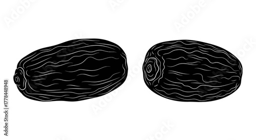 Two kiwi fruits detailed in a black and white sketch style illustration