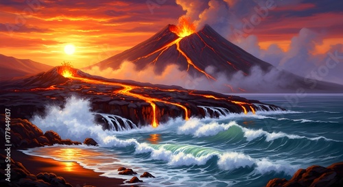 Majestic Volcanic Coast at Sunset, Vibrant Oil Painting with Lava Flow and Ocean Waves, Expressive Brushstroke Landscape Art