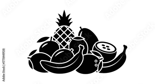 A decorative black and white illustration of assorted tropical fruits