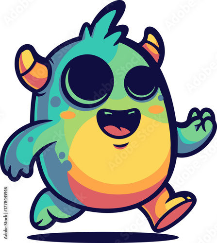 vibrant, happy monster mascot embarks on a joyful, playful cartoon adventure