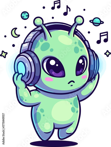 charming extraterrestrial enjoys celestial harmonies, lost in an auditory galaxy