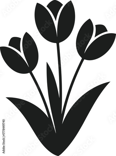 Black vector illustration of three tulips with leaves on a white background