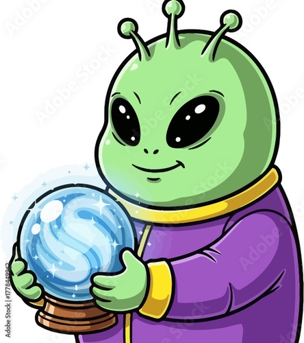 mystical alien shares ancient cosmic wisdom through his glowing future sphere