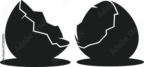 Black broken eggshell halves on white background vector graphic
