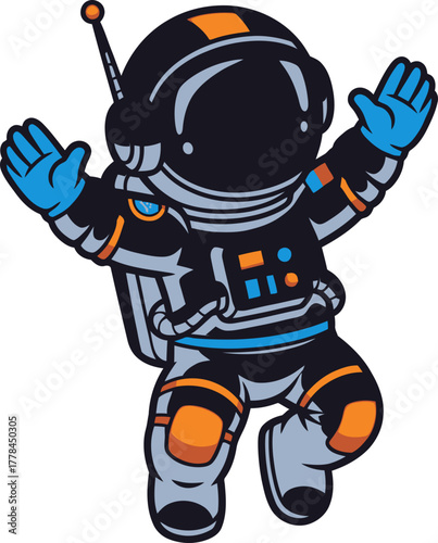 space explorer greets the universe with open, joyful arms