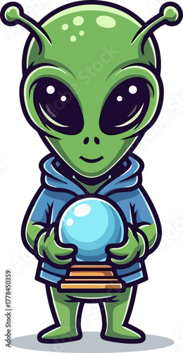 charming alien guardian holds luminous energy sphere, connecting distant worlds
