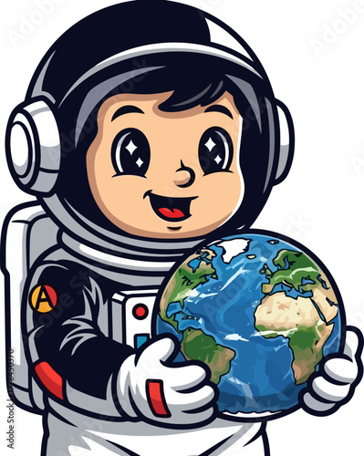 smiling astronaut gently holds world, representing care for our shared home