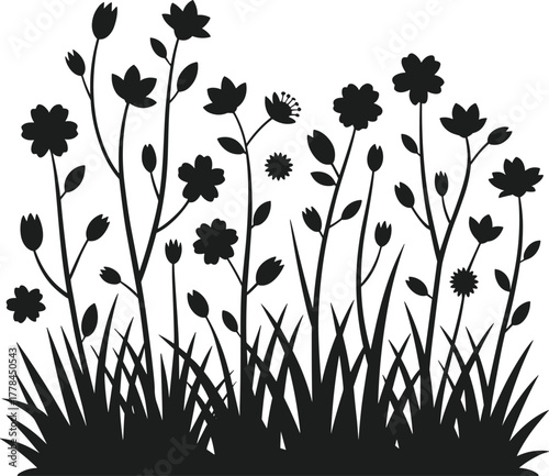 Black silhouette flower bed with grass and various flowers on white background
