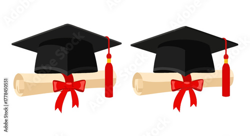 Two graduation caps with rolled diplomas and vibrant red ribbons displayed
