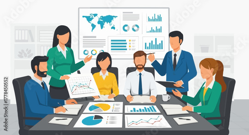 Business team meeting discussing financial data and strategies for growth.