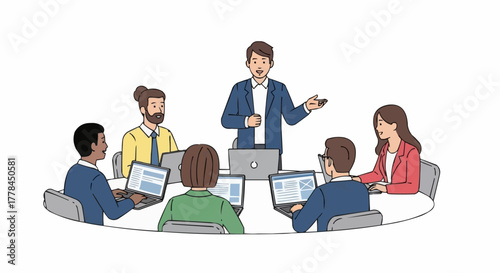 Business meeting with diverse team collaborating around a table.