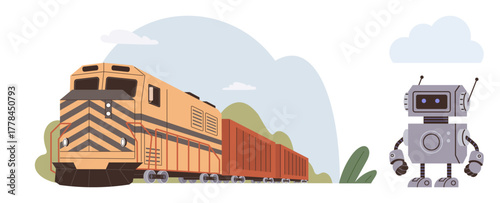 Freight train with striped engine and cargo cars alongside a robot in minimal outdoors. Ideal for technology, automation, AI, innovation, transportation, logistics, future work, simple flat metaphor