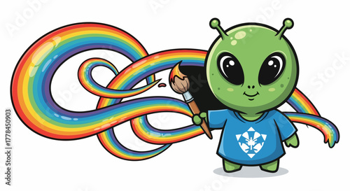 whimsical alien friend paints a vibrant, looping rainbow of pure wonder