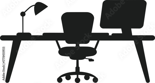 Black silhouette of a desk with computer chair and desk lamp