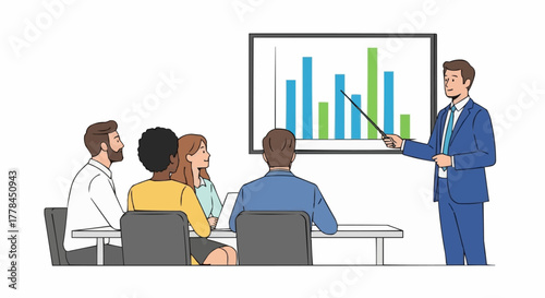 Business presentation with a graph and a presenter explaining the data.