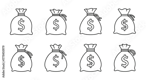 Simple outline illustration of eight money bags with dollar symbols