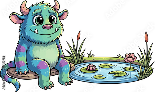 whimsical horned monster finds happy reflection by tranquil lily pad pond