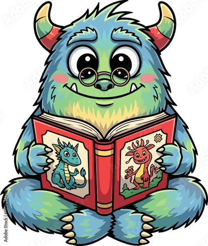 blue monster scholar delights in imaginary dragon tales, learning happily