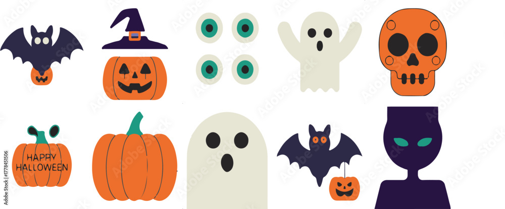 Fototapeta premium Halloween vector collection featuring spooky pumpkins ghosts bats skull and eyeballs for festive design projects
