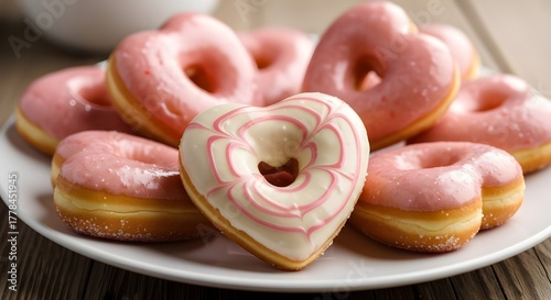 Heart Shaped Glazed Donuts on Wooden Table, Sweet Dessert Food Photography with Sugary Shine and Cozy Background