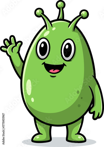 friendly green visitor invites a delightful, whimsical adventure across galaxies