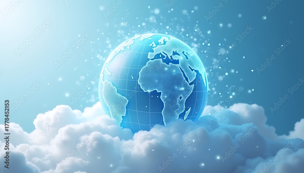 Obraz premium A globe made of interconnected digital dots floating in a cloud, symbolizing cloud computing and global data exchange.