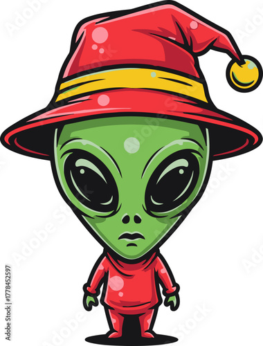 pondering alien in a vibrant red hat awaits cosmic journey