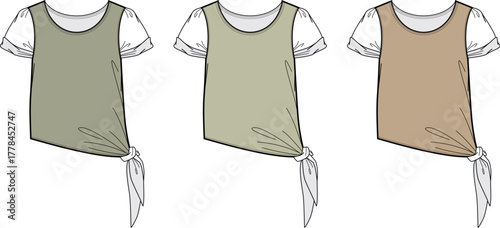 Fashion technical flat sketch of a women's layered top with a side tie-knot detail, shown in three different color variations for apparel design
