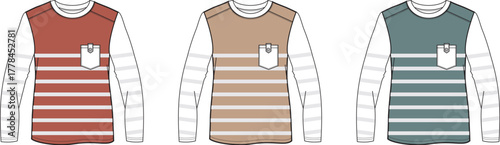 Collection of three long-sleeved striped t-shirts with a pocket in different color variations on a white background