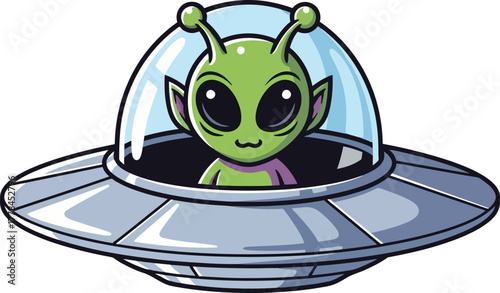 smiling cosmic traveler pilots sleek saucer, inviting curious, whimsical encounters